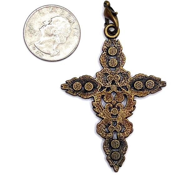 Bronze copper tone Ornate Cross Pendant with Blue turquoise Gold crystal Accents - Picture 4 of 8